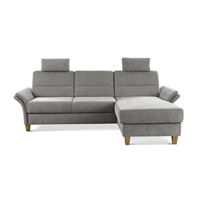 Abbildung von CAVADORE Ecksofa Wyk mit Federkern / Eckcouch im Landhaus Stil Longchair, 2 Kopfstützen + Holzfüßen 252 x 90 162 Chenille, Hellgrau