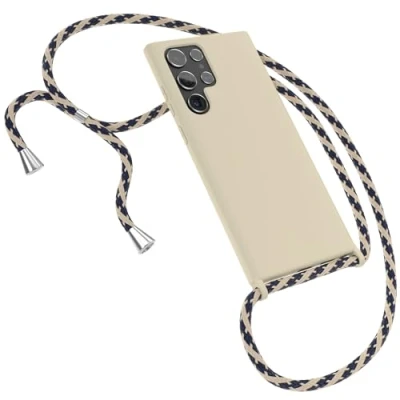 Abbildung von EAZY CASE Handykette austauschbares Band kompatibel mit Samsung Galaxy S22 Ultra 5G Silikon Necklace(abnehmbar),Stoßdämpfung bei Sturz, Taupe Taupe/Blau Camouflage Clip Silber