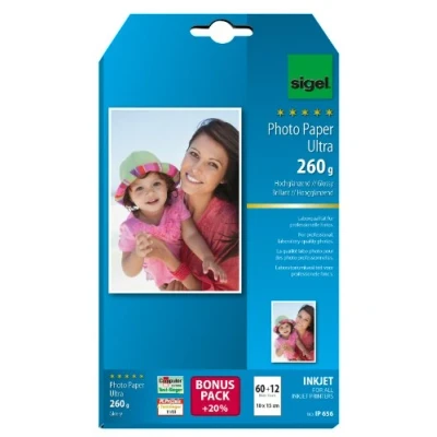 Abbildung von SIGEL IP656 InkJet Fotopapier Ultra, 10x15 cm, 60 + 12 Blatt gratis, hochglänzend, extrem lichtbeständig, 260 g, für hochwertige Fotografien
