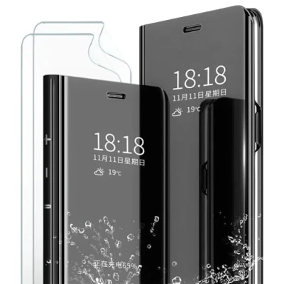 Abbildung von MLOTECH Schutzhülle für Samsung S10 Plus, Cover + Displayschutzfolie, 2 teilig, Flip Clear View transparent, Spiegel, Standing 360, stoßfest, Smart Cover, Bumper, Schwarz