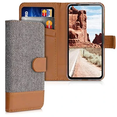 Abbildung von kwmobile Wallet Case kompatibel mit Google Pixel 4a Hülle Ständer Handyhülle Kartenfächer Hellgrau Braun