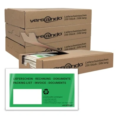 Abbildung von versando 4x250 ökologische Lieferscheintaschen DIN lang selbstklebend 100% Pergamin Papier folienfrei grün/schwarz bedruckt: &quot;Lieferschein/Rechnung&quot; in Spenderbox