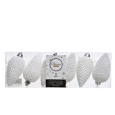 Abbildung von 6 Tannenzapfen Kunststoff Glitter Durchmesser 4,5x8cm winterlich weiß KSD