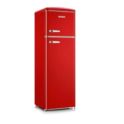 Abbildung von SEVERIN Retro Kühl &amp; Gefrierkombination, Kühlschrank im Design mit Chrom Applikationen, Gefrierfach oben, LED Beleuchtung, 1 7C, 246 L Nettovolumen, nur 39 dB, rot, RKG 8983 [EEK D]