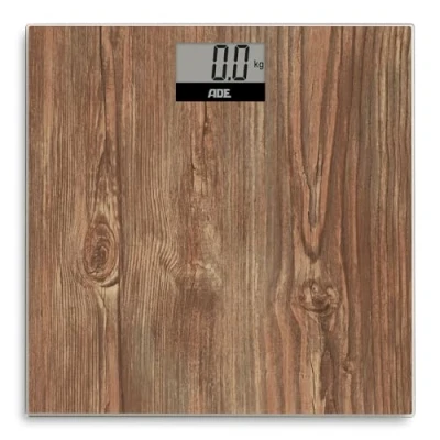 Abbildung von ADE Personenwaage digital, Körperwaage in gemütlicher Holzoptik, rutschhemmende Wiegefläche aus Sicherheitsglas, LCD Display, bis 180kg