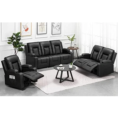 Abbildung von COMHOMA Relaxsessel Set, Sofa, Sofa Set aus Kunstleder, Fernsehsessel Ruhesessel Liegesessel mit Liege Funktion Polstersessel Schlafsessel für Wohnzimmer Schlafzimmer Heimkino,Schwarz, 3+2+1