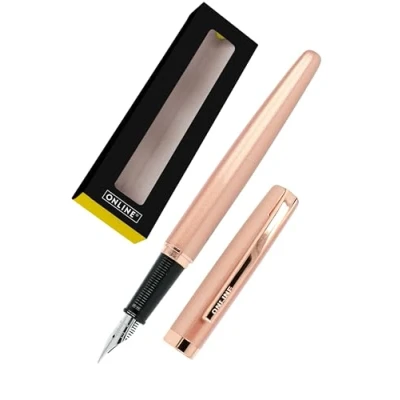 Abbildung von ONLINE Füllhalter Eleganza I Metall Design rosegold Style Federstärke M Metallclip inkl. Tintenpatrone Schreibfarbe Blau Füller für Standard Tintenpatronen Geschenkverpackung