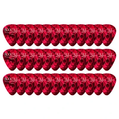 Abbildung von Rocktile Plektren Red Tortoise 36er Master Pack je 12 Picks in den Stärken “Thin, “Medium und “Heavy Traditionelle Teardrop Form Material: Zelluloid Rot