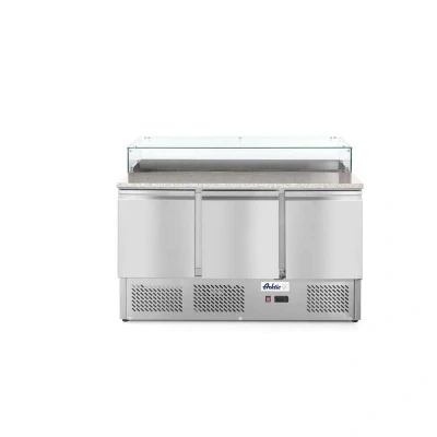 Abbildung von HENDI Pizzatisch 380 Liter 8x GN 1/6 dreitürig Granitarbeitsplatte Glasabdeckung, Gastro Edelstahl Pizzakühltisch Digital Pizzateig Kühlung