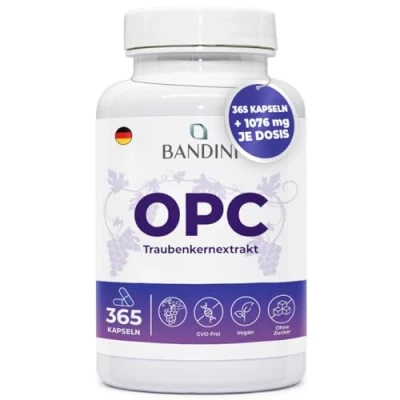 Abbildung von Bandini® OPC Traubenkernextrakt 365 Kapseln 1076mg je dosis Höchster Gehalt nach HPLC 95% reines Traubenkern Extrakt aus italienischen Weintrauben 1052mg mit 999,4mg + 24mg Vitamin C