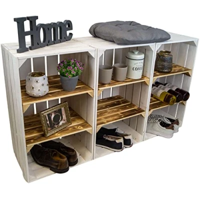 Abbildung von Kistenkolli Altes Land hohe Holzkiste Willi mit Zwei Zwischenbrettern 68x40x30cm HxBxT Schuhregal Bücherregal Nachttisch Weinregal (3er Set, Weiss geflammte Bretter)