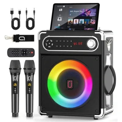 Abbildung von JYX Karaoke Anlage mit 2 drahtlosen Mikrofonens, Tragbares PA System Lautsprecher Höhen/Bass und LED Licht, Unterstützt TWS, USB/TF/FM Radio, Rec, Versorgung für Party,Draußen,Drinnen