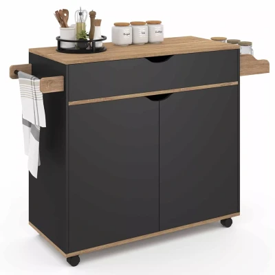 Abbildung von IDMarket Küchenwagen Cosy XXL Schrank mit schwarzer Schublade und Tabletts in Buche Optik, Länge 90 cm