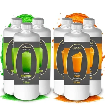 Abbildung von A. Becker&#039;s Slush Eis Sirup Ohne Azofarbstoffe 2x 3L Waldmeister und Orange 1L Konzentrat ergibt 6L Getränkesirup für Zubereitung in Maschine Mixer
