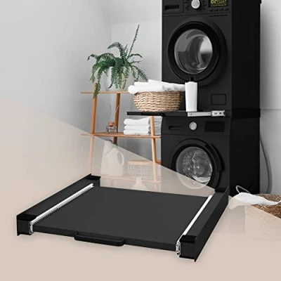 Abbildung von ML DESIGN Zwischenbaurahmen Waschmaschinenzubehör Stapelrahmen Verbindungrahmen für Trockner (Zwischenbaurahmen mit Ausziehplatte, 1 St), Waschmaschinen Zwischenbausatz Ablage 60x60x7,5cm Stahl schwarz