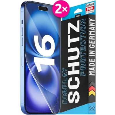 Abbildung von 2x se® 3D SCHUTZFOLIE Transparent für Apple iPhone 16 ,Selbstheilend, 100% Fingerabdruck &amp; FaceID kompatibel, einfache blasenfreie Installation, Ultra Klar, Stoß Kratzfest, produziert in Deutschland