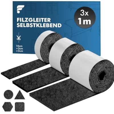 Abbildung von shinfly Filzgleiter Selbstklebend, Filz Selbstklebend Möbelgleiter 4mm Dicker, Schneiden Sie Jede Form, Stark Klebendes für Stühle Möbel(100cm*10cm+100cm*5cm+100cm*2cm) Schwarz