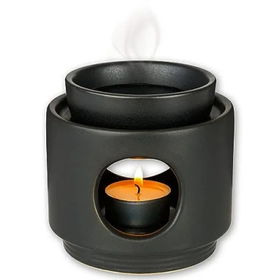 Abbildung von rooted.® Duftlampe Ambiente Teelicht Design Aromalampe aus Keramik Stövchen für ätherische Öle, Duftöl und Duftwachs Matt Schwarz Deutsche Markenqualität …
