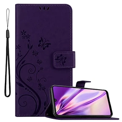 Abbildung von Cadorabo Hülle kompatibel mit Samsung Galaxy A32 4G Blumen Design aus Kunst Leder Flip Klappbare Stoßfeste Magnetische [Standfunktion] [Kartenfächern] Cover für Tasche in Lila