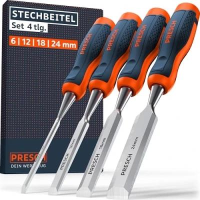Abbildung von Presch Stechbeitel Set für Holz 4tlg. Fertig geschliffene Stechmmeisen (6, 12, 18, 24mm) Profi Stecheisen mit 25 Keilwinkel inkl. robuster Metallschlagkappe