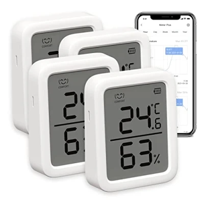 Abbildung von SwitchBot Innen Thermometer Hygrometer 4 Stück, Innentemperatur Feuchtigkeitssensor mit intelligenter Warnung und 68 Tage Datenspeicherung, Bluetooth Raumthermometer für Baby, Zuhause, Garage