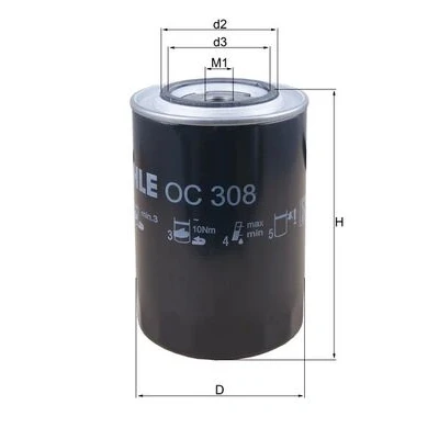 Abbildung von MAHLE ORIGINAL OC 308 Ölfilter mit einem Rücklaufsperrventil Anschraubfilter MERCEDES BENZ: LK/LN2, UNIMOG, ACTROS MP4, MAN: TGS, TGX, L 2000