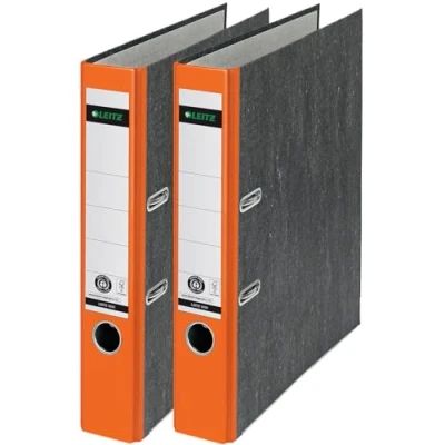 Abbildung von Leitz Qualitäts Ordner 180, A4, 100% recycelter Karton, Schmal, 5,2 cm Rückenbreite, Wolkenmarmor Papier (Schmal, Orange, 2 Stück)