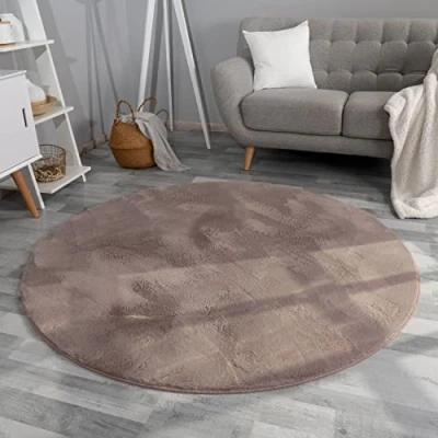 Abbildung von TT Home Wohnzimmer Teppich Hochflor Langflor Kunstfell Weich Modern Unifarben Flauschig, Farbe: Beige Taupe, Größe:80 cm Rund