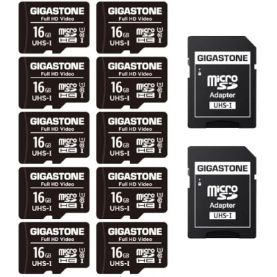 Abbildung von Gigastone 16GB MicroSDHC Speicherkarte 10er Pack + SD Adapter, für Action Kamera, GoPro, Drohne und Tablet, Lesegeschwindigkeit bis zu 85MB/s, Full HD Videoaufnahme, Micro Karte UHS I Klasse 10 U1