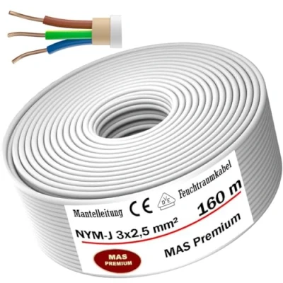 Abbildung von MAS Premium Feuchtraumkabel Stromkabel 5 200m Mantelleitung NYM J 3x1, 2,5 4 6 10 oder 5x1,5 16 Elektrokabel für feste Verlegung (NYM 3x2, mm², 160m)