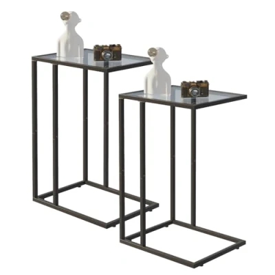 Abbildung von Huhote C förmiger Beistelltisch 2er Set, Glas für Couch, Sofatisch mit Metallrahmen, Couchtisch Wohnzimmer, Schlafzimmer, Nachttisch, Schwarz