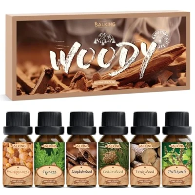 Abbildung von SALKING Holziger Ätherische Öle Set, Aromatherapie Duftöl GeschenkSet, Naturrein Duftöle für Diffuser Seife, Kerzen, Frankincense, Zedernholz, Sandelholz, Teakholz, Zypresse, Patchouli