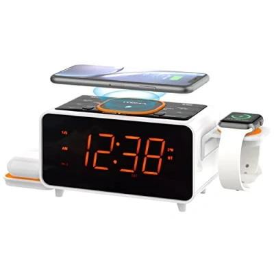 Abbildung von Dual Wireless Charging Radiowecker mit Bluetooth Lautsprecher, FM Radio, Zwei USB Port, Alarm, Snooze, Nachtlicht, Auto manuelle Dimmer Steuerung und 1.4&quot; Orange Display iTOMA CKS209