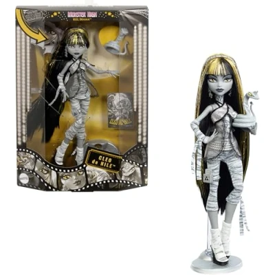 Abbildung von Monster High Reel Drama Puppe, Cleo De Nile Schwarz weiß Reproduktion, Sammelfigur mit Postern in Puppengröße und Lebensgröße, Horrorfilm Design, Haustier, JDR65