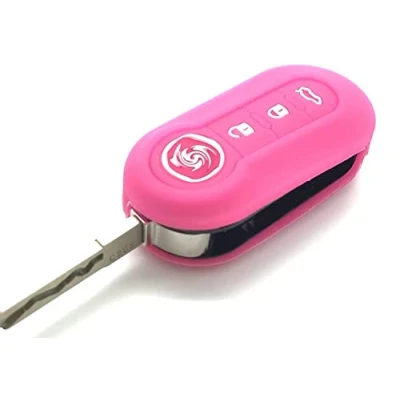 Abbildung von Schlüsselgehäuse für Autofernbedienung, 100 % hochwertiges Silikon, 3 Tasten, einklappbarer Schlüssel, Fiat 500/500L Abarth Grande Punto Brava Panda Stilo Linea (Hot Pink)