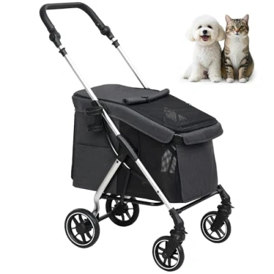 Abbildung von PawHut Hundewagen leicht Hundebuggy aus Aluminium klappbar für Hunde &amp; Katzen bis 10 kg Katzenbuggy mit Kissen Netzfenstern Türen Aufbewahrungskorb Katzenwagen Buggy Grau