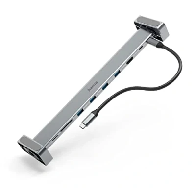 Abbildung von Hama USB C Hub 9 Ports Dockingstation mit abnehmbaren Standfüßen (Multiport Adapter 1x HDMI 4K, 4x A, PD, LAN Gigabit Ethernet, 2x Kartenleser, 9in1 für Büro, Homeoffice)