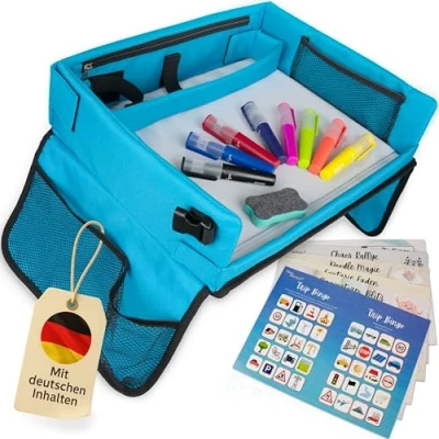 Abbildung von Mamas Reise Hacks Reisetisch Auto Kinder [mit Tablet Stopper &amp; Autospielen] für Rücksitz Autofahrt Kindertisch Spieltisch Knietablett Maltisch Organizer Zubehör