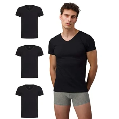 Abbildung von Burnell &amp; Son Herren T Shirt 3er Pack V Ausschnitt Unterhemd Stretch Kurzarm Männer aus Baumwolle Basic Slim Fit Schwarz 3XL