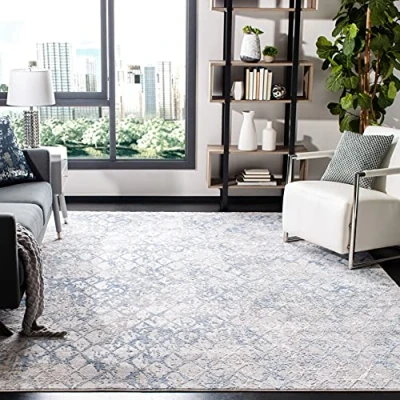 Abbildung von SAFAVIEH Distressed Teppich für Wohnzimmer, Esszimmer, Schlafzimmer Amelia Collection, Kurzer Flor, Hellgrau und Blau, 91 X 152 cm