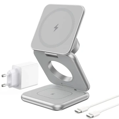 Abbildung von KU XIU X40 3 in 1 Kabelloses Ladegerät Induktive Ladestation mit MagSafe, Faltbares Reiseladegerät Kompatibel iPhone 16/15/14/13/12, Apple Watch 10/9/8/7/Ultra/SE und Kopfhörer 4/3/2 Pro, Silber