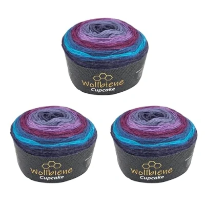 Abbildung von Cupcake 3 x 150g Strickwolle 450 Gramm Wolle zum Stricken und Häkeln Babywolle türkische Farbverlaufswolle (lila beere türkis 3210)