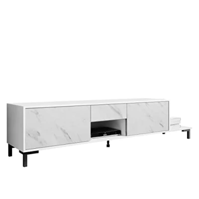 Abbildung von TV Lowboard Meranta 2D1S1K, Fernsehschrank, Fernsehtisch, Unterschrank, Tisch, Board, Schrank, Bank (weiß/weißer Marmor)