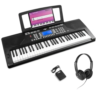 Abbildung von MAX Rhapsody61P Midi Keyboard Piano, 61 Tasten E Piano mit Lautsprecher, Ständer und Sustain Pedal, LED Display, 50 Demo Songs, Keyboard, Lern Funktion, 300 Sounds, 8 Percussion