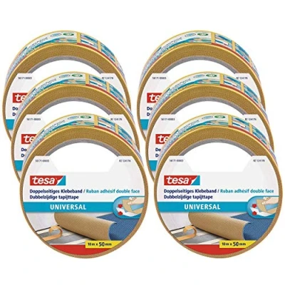 Abbildung von tesa Doppelklebeband UNIVERSAL Doppelseitiges Klebeband (Set, 6 St., 6x tesa® doppelseitige universal) Gewebeklebeband / Verlegeband für Teppiche &amp; Basteln 10 m : 50 mm