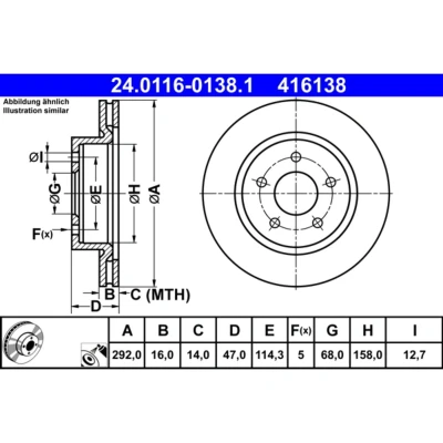 Abbildung von ATE 24.0116 0138.1 Bremsscheibe 292 16,0 5 114,3 voll beschichtet NISSAN: X Trail, Qashqai 2, Leaf II, RENAULT: Koleos 2