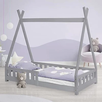 Abbildung von ML Design Kinderbett Tipi 80x160 cm Hellgrau mit Rausfallschutz und Lattenrost, Kiefernholz, Indianer Bett aus Massivholz für Mädchen &amp; Jungen, Hausbett Zaun Kinderhaus Jugendbett Spielbett Zelt