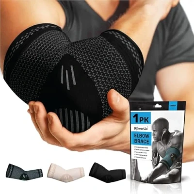 Abbildung von POWERLIX Ellenbogenbandage 1 Stücke, Kompression Ellenbogen Bandage für Damen &amp; Herren, Tennisarm, Golferarm, Sport, Arthritis, Sehnenentzündung, Gelenkschmerzen, Schwarz, L