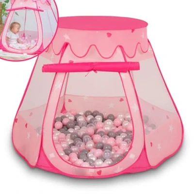 Abbildung von Selonis Baby Spielzelt Mit Plastikbällen Zelt 105X90cm/300 Bälle Plastikkugel Kinder, Pink:Perle Grau Transparent Puderrosa