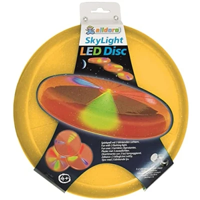 Abbildung von LED Sky Light Disc. gelbe Wurfscheibe aus Kunststoff mit Leuchteffekt. Ø 27 cm